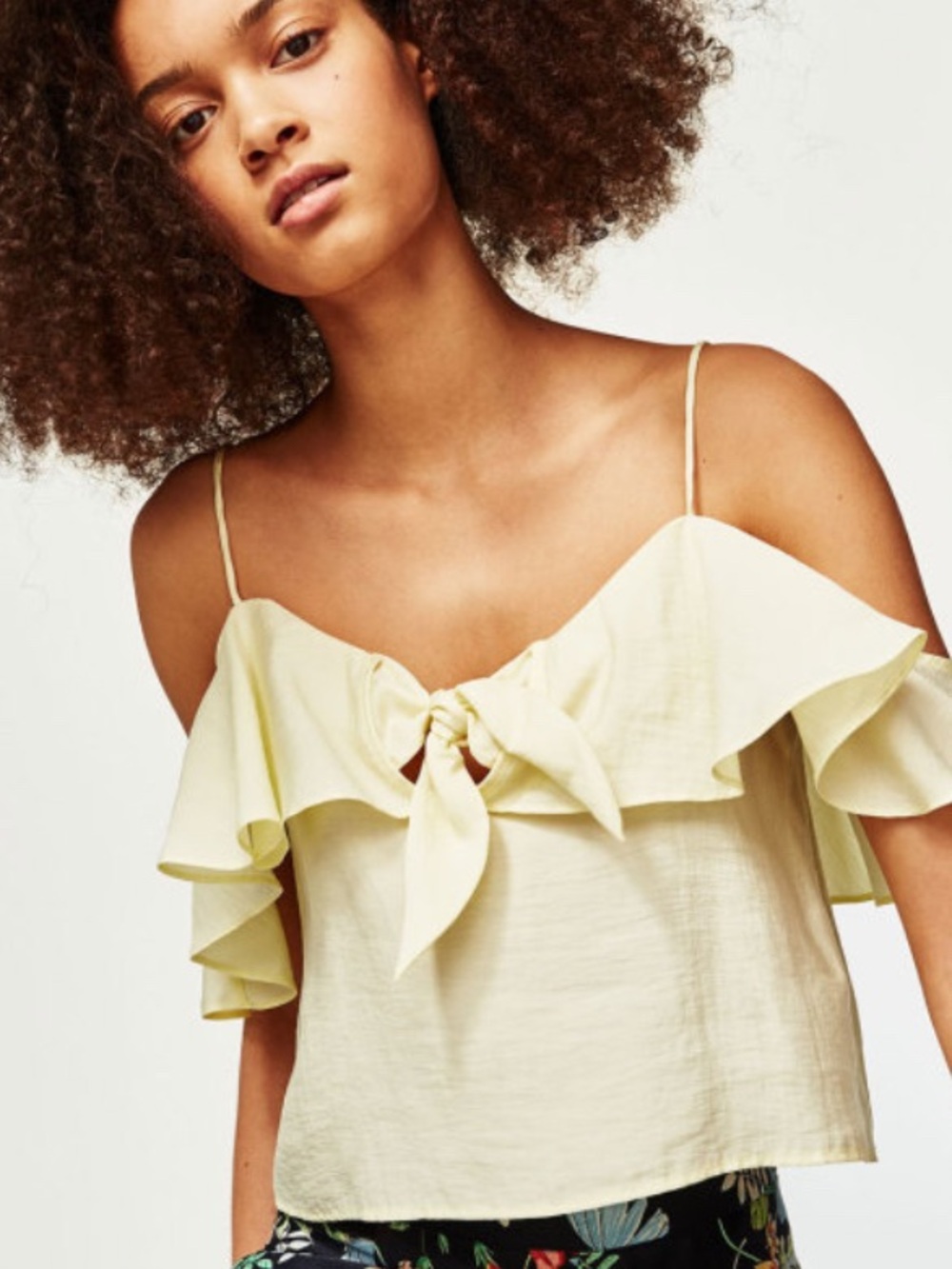 ZARA Light Yellow Ruffle Tie-Front Open Shoulder Spaghetti Strap Top